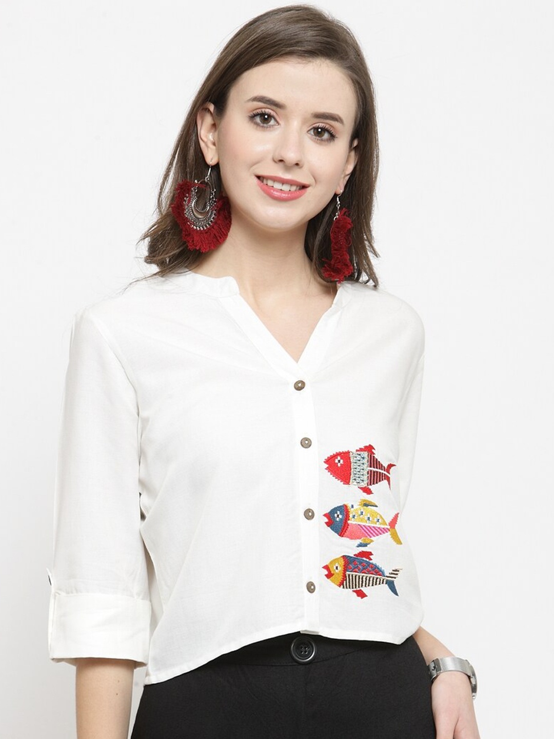 

Varanga White Embroidered Shirt Style Top