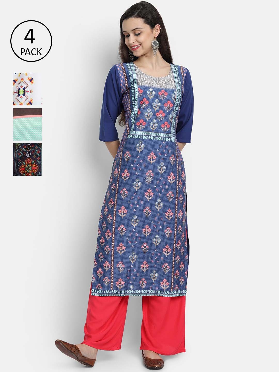 

Ethnic basket Women Pack Of 4 Printed Crepe Kurta, Blue