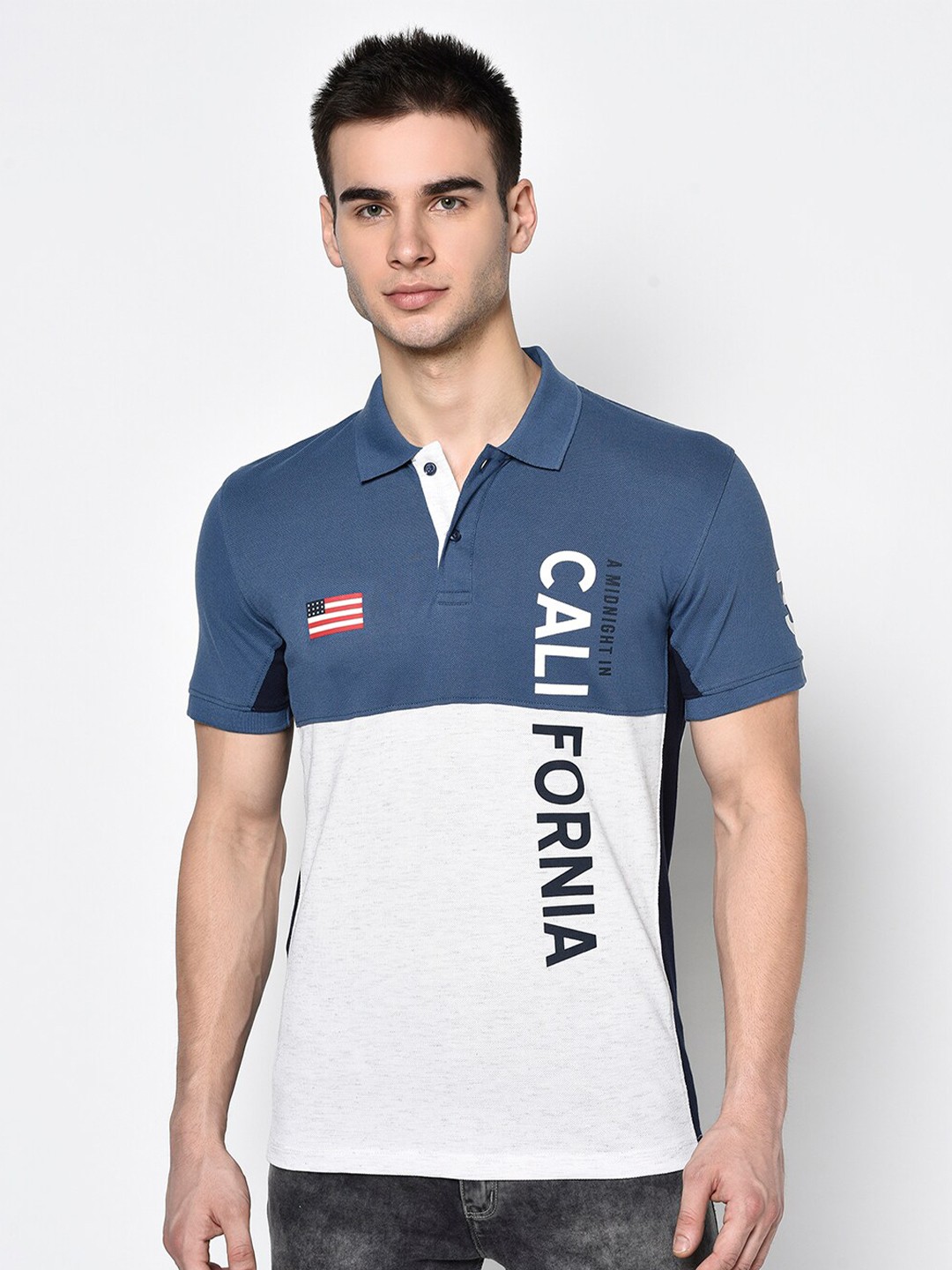 

Octave Men Blue & White Colourblocked Cotton Polo Collar T-shirt