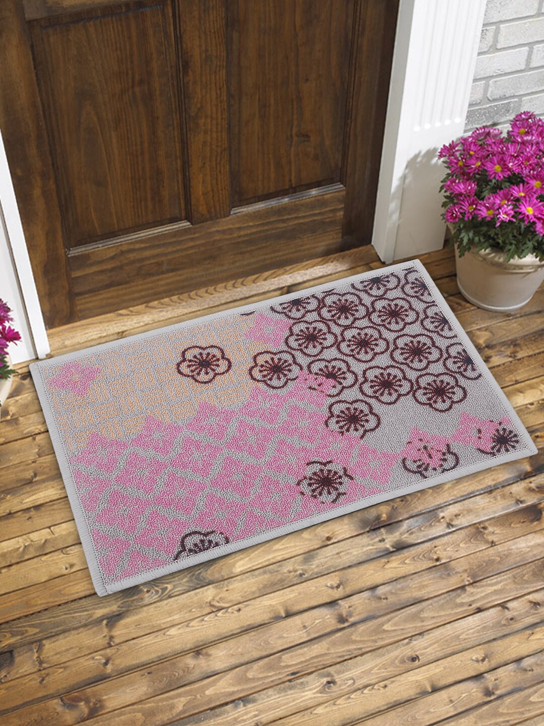 BIANCA Grey & Pink Tough-Thin Printed Door Mat With Non-Slip Rubber Backing