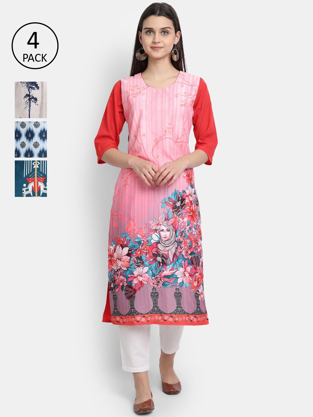 

Ethnic basket Women Pack Of 4 Printed Crepe Kurta, Pink