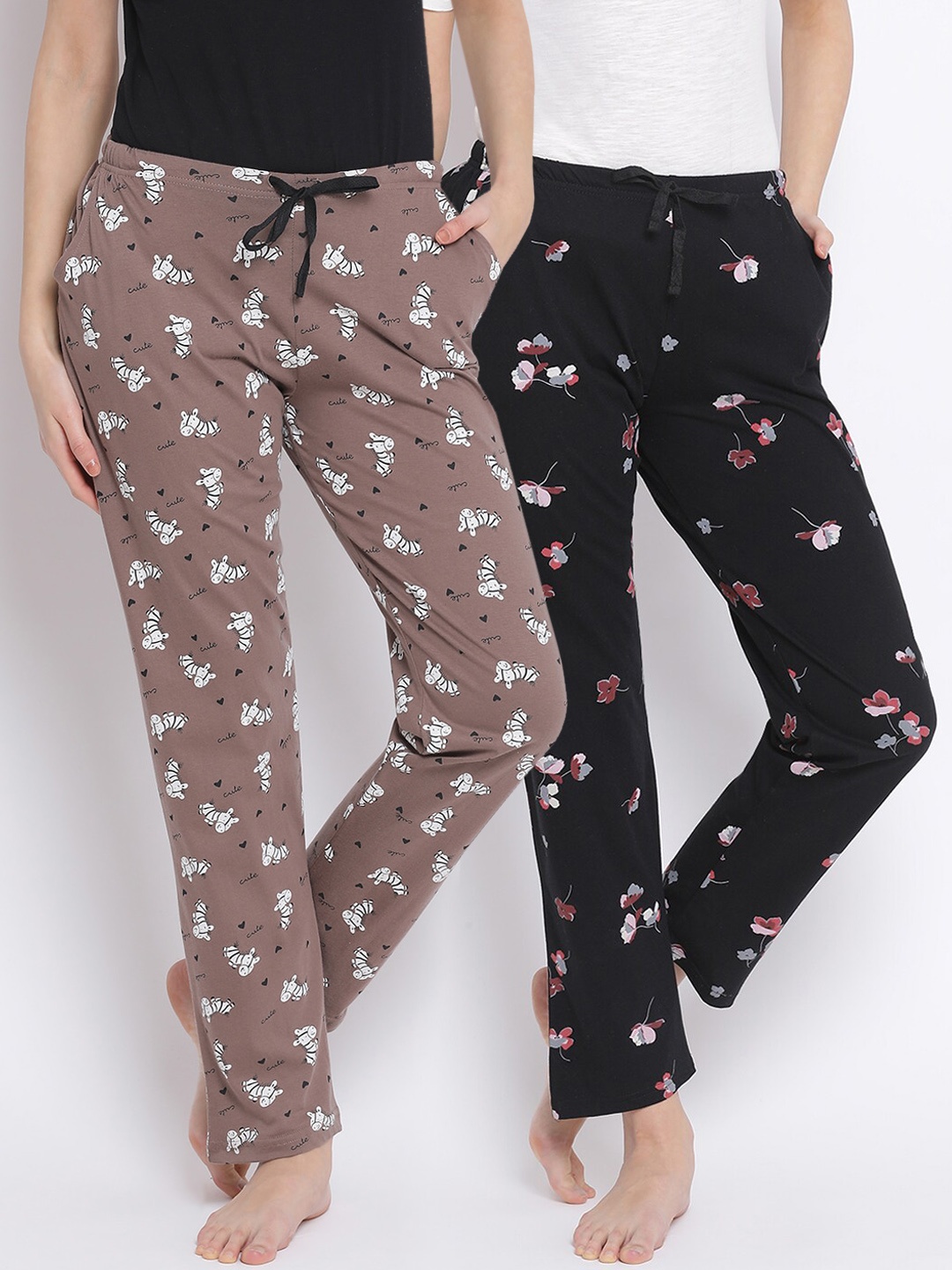 

Kanvin Women Pack Of 2 Printed Pure Cotton Lounge Pants, Brown