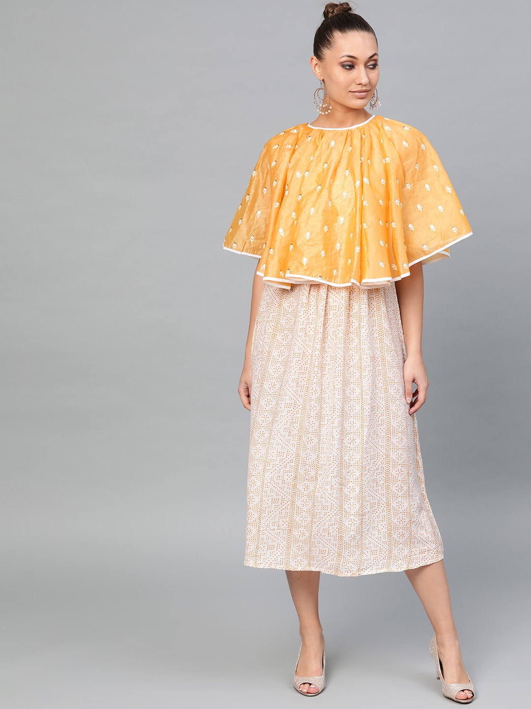 

Indo Era Yellow & Beige Ethnic Motifs Embroidered A-Line Midi Dress