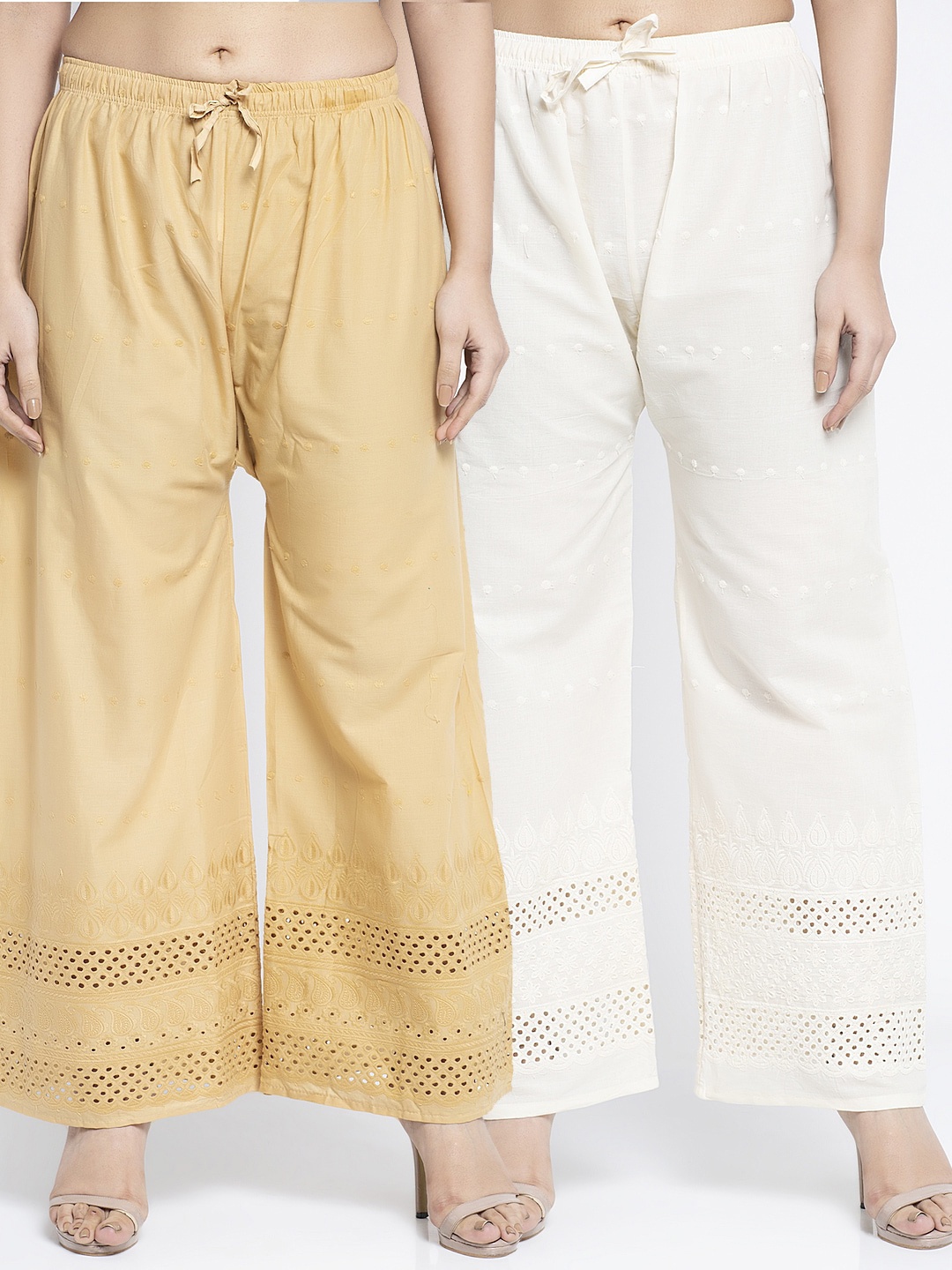

GRACIT Women Pack Of 2 Beige & White Embroidered Wide Leg Cotton Palazzos