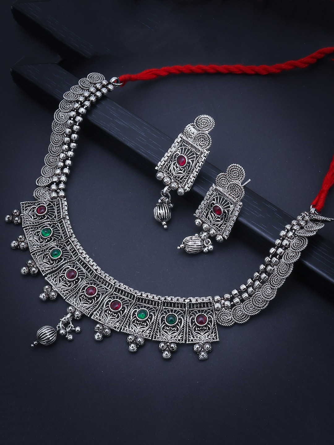 

Sukkhi Oxidised Rhodium-Plated Magenta-Pink & Green Stone-Studded Jewellery Set, Silver