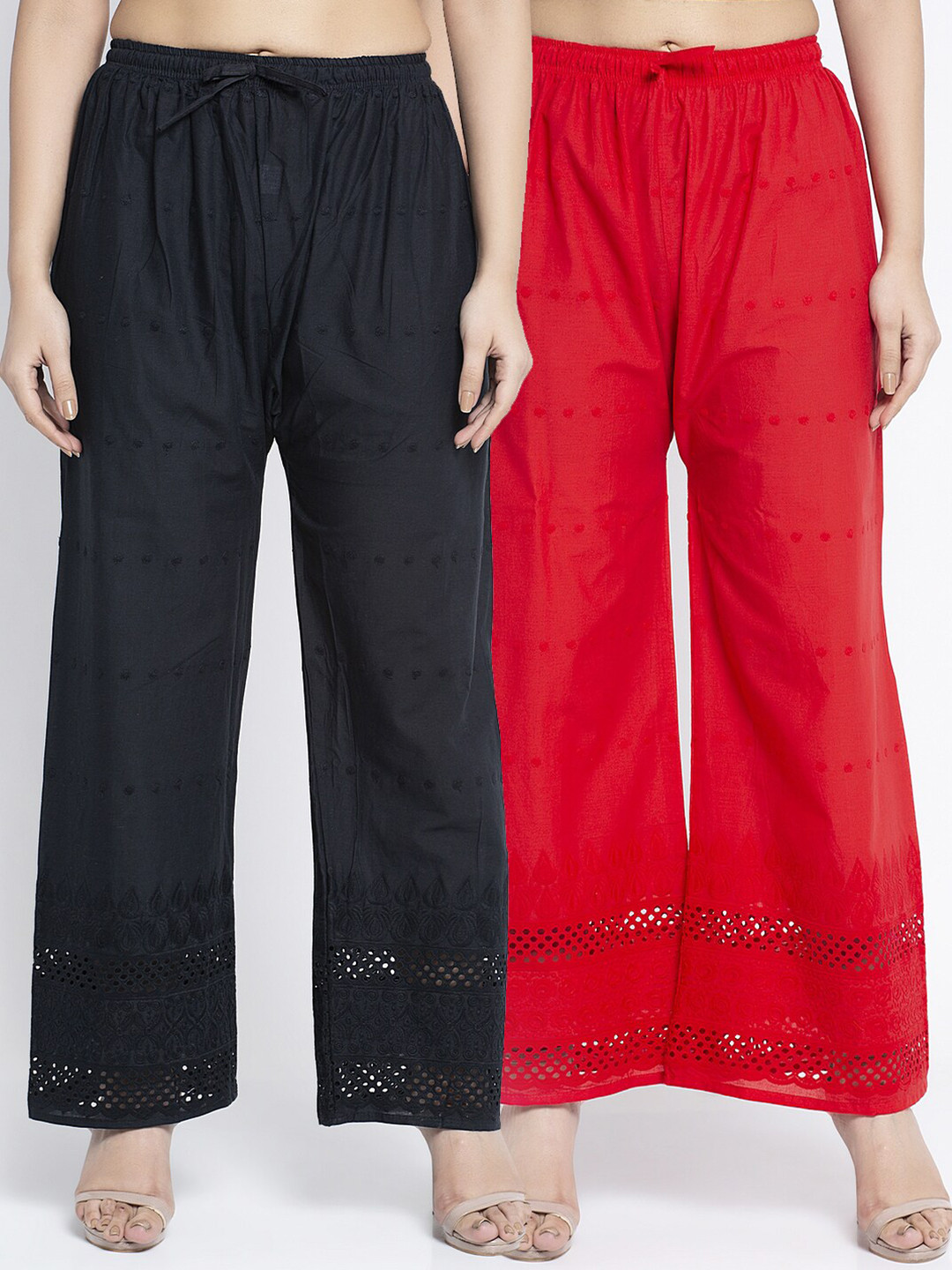 

GRACIT Women Pack Of 2 Black & Red Hem Design Wide Leg Cotton Palazzos