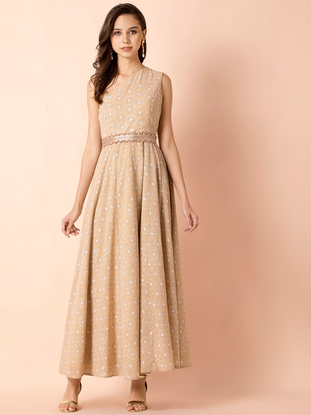 

INDYA Beige Ethnic Motifs One Shoulder Maxi Dress