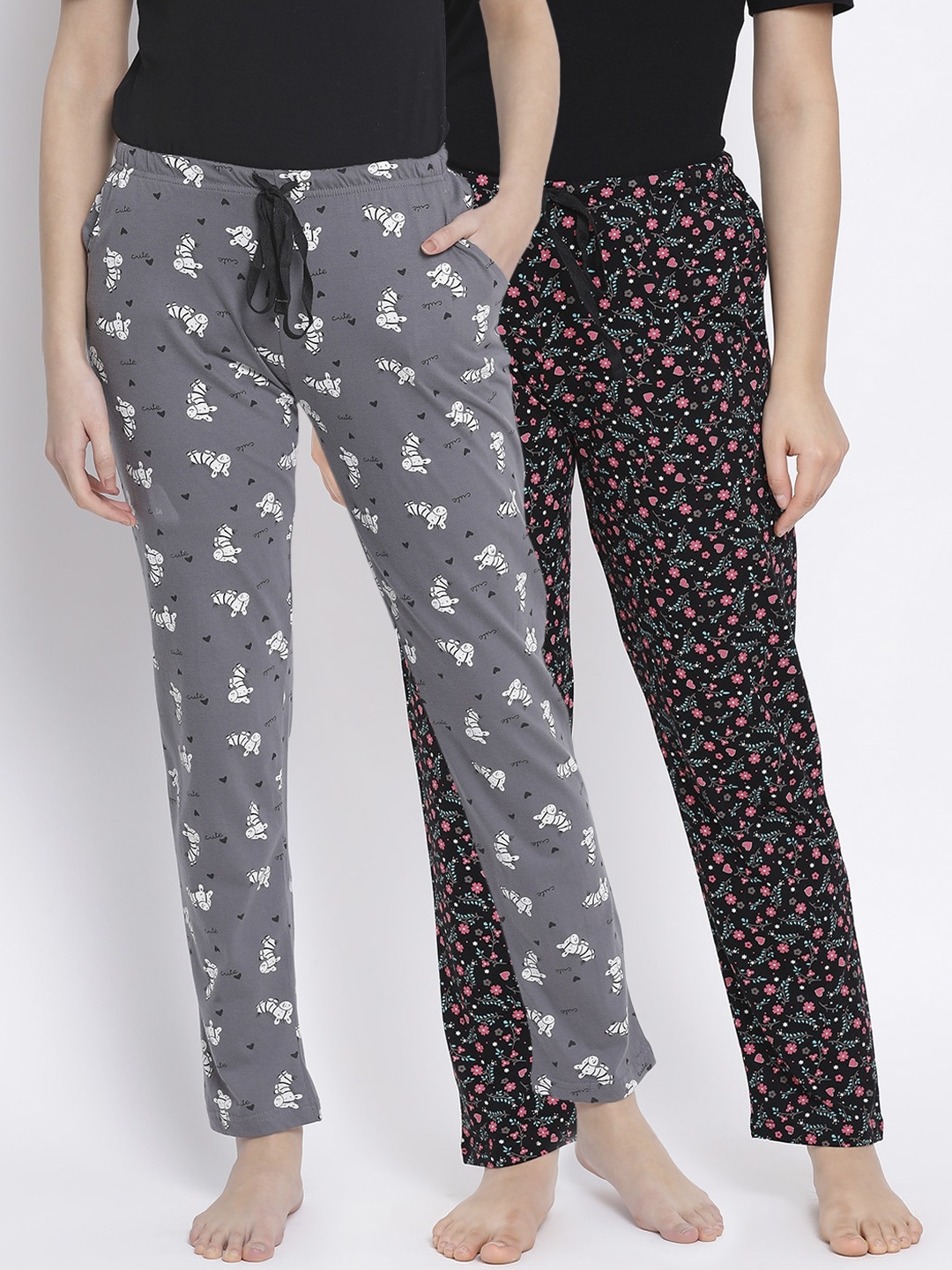 

Kanvin Women Pack of 2 Printed Pure Cotton Lounge Pants, Black