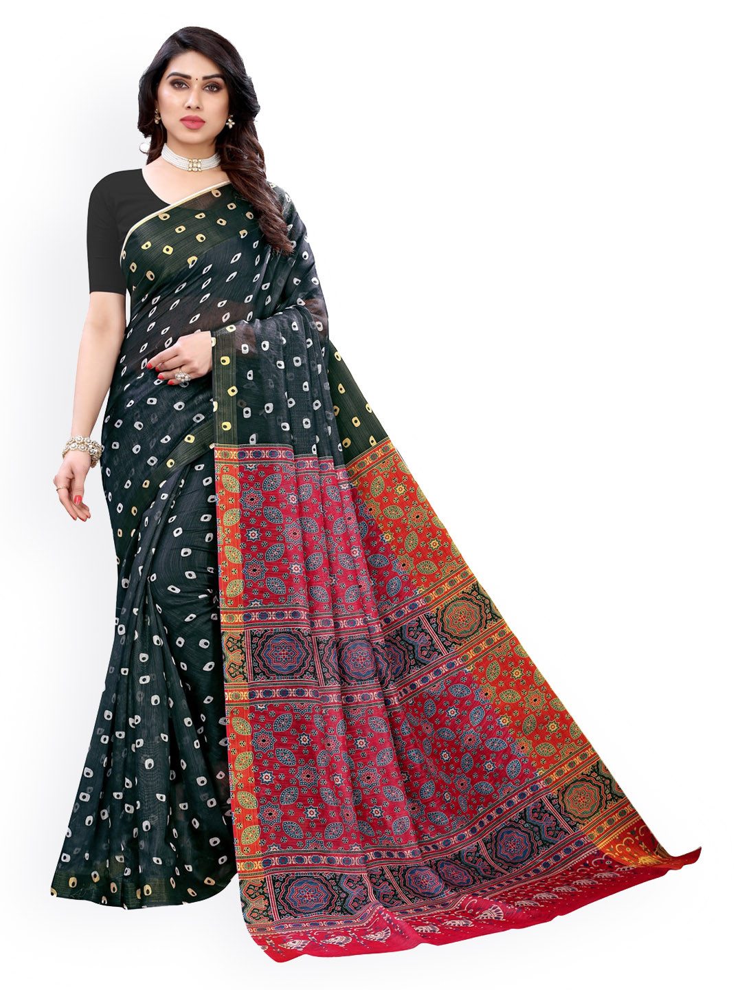

KALINI Black & Pink Polycotton Printed Saree