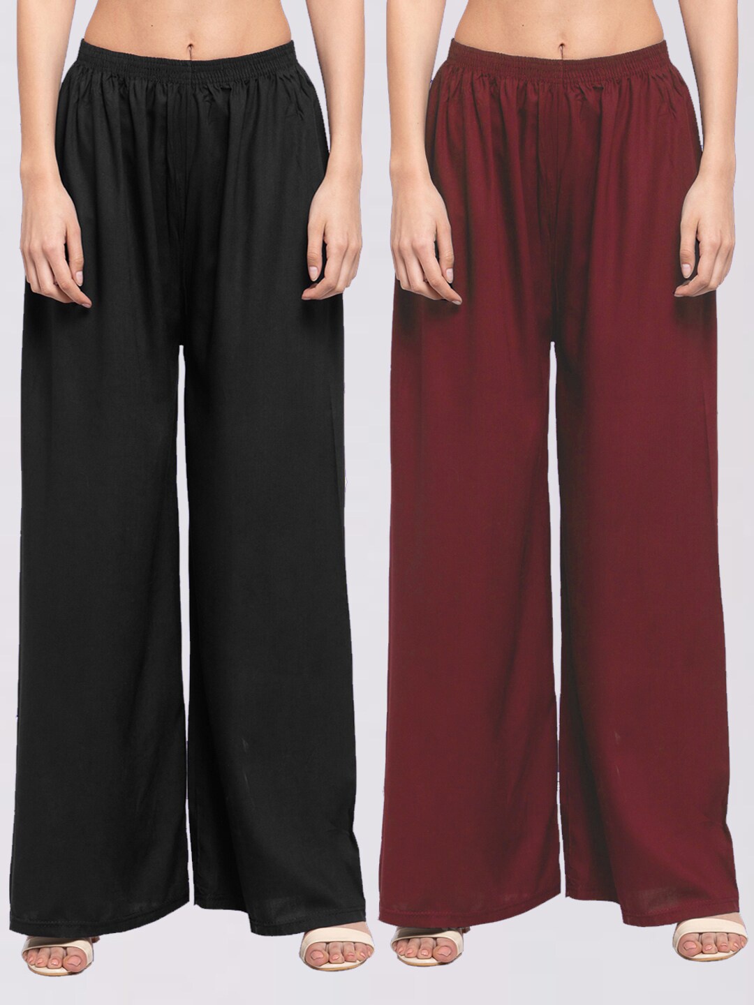 

KLOTTHE Women Pack Of 2 Black & Maroon Solid Wide Leg Palazzos