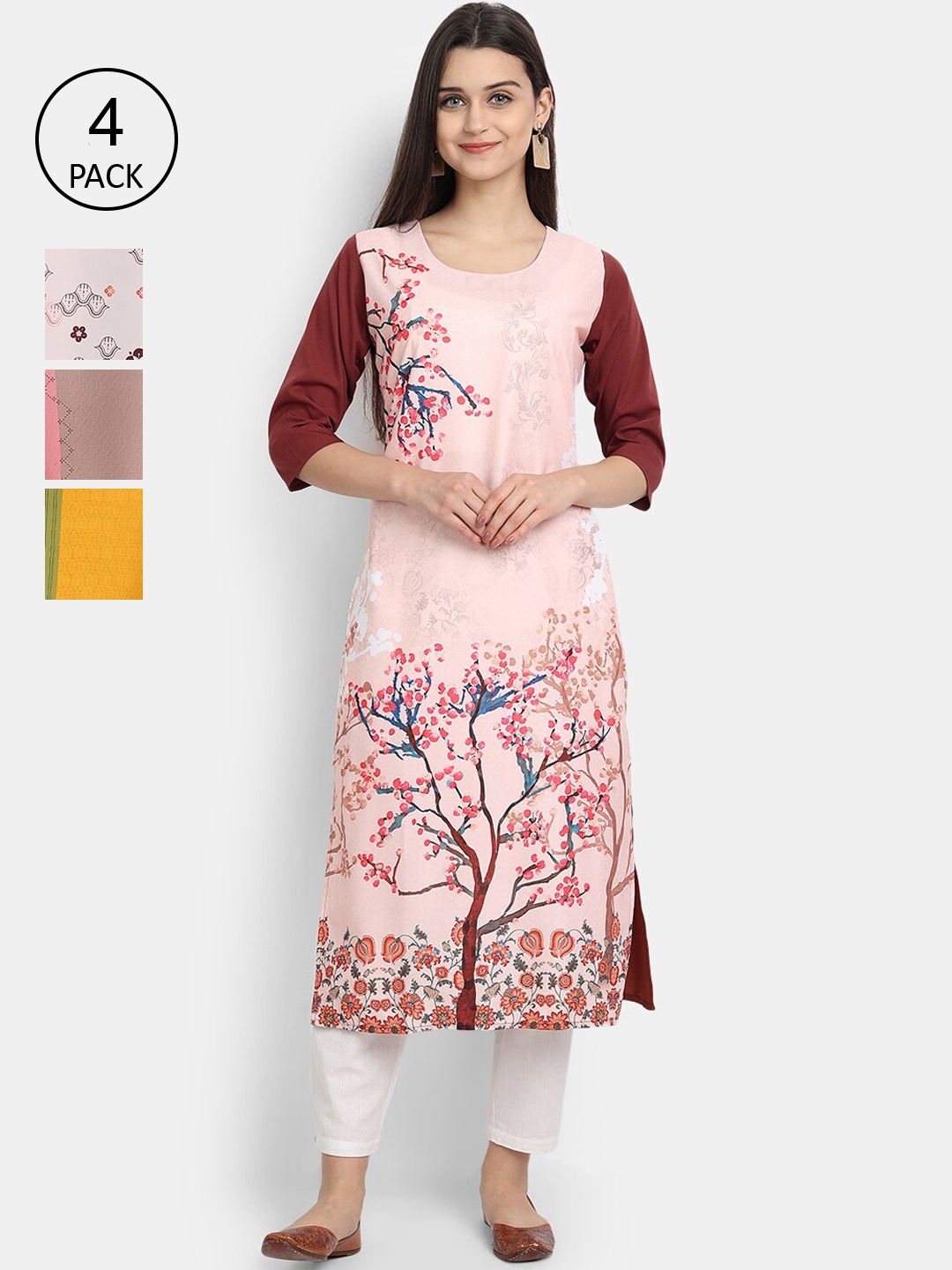 

Ethnic basket Women Pink & Multicoloured Pack of 4 Printed Crepe Straight Kurta