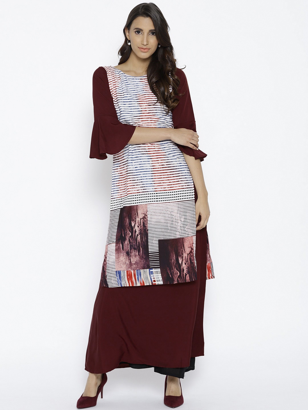 

Cottinfab Women Burgundy & Blue Printed Flared Sleeves Kurta