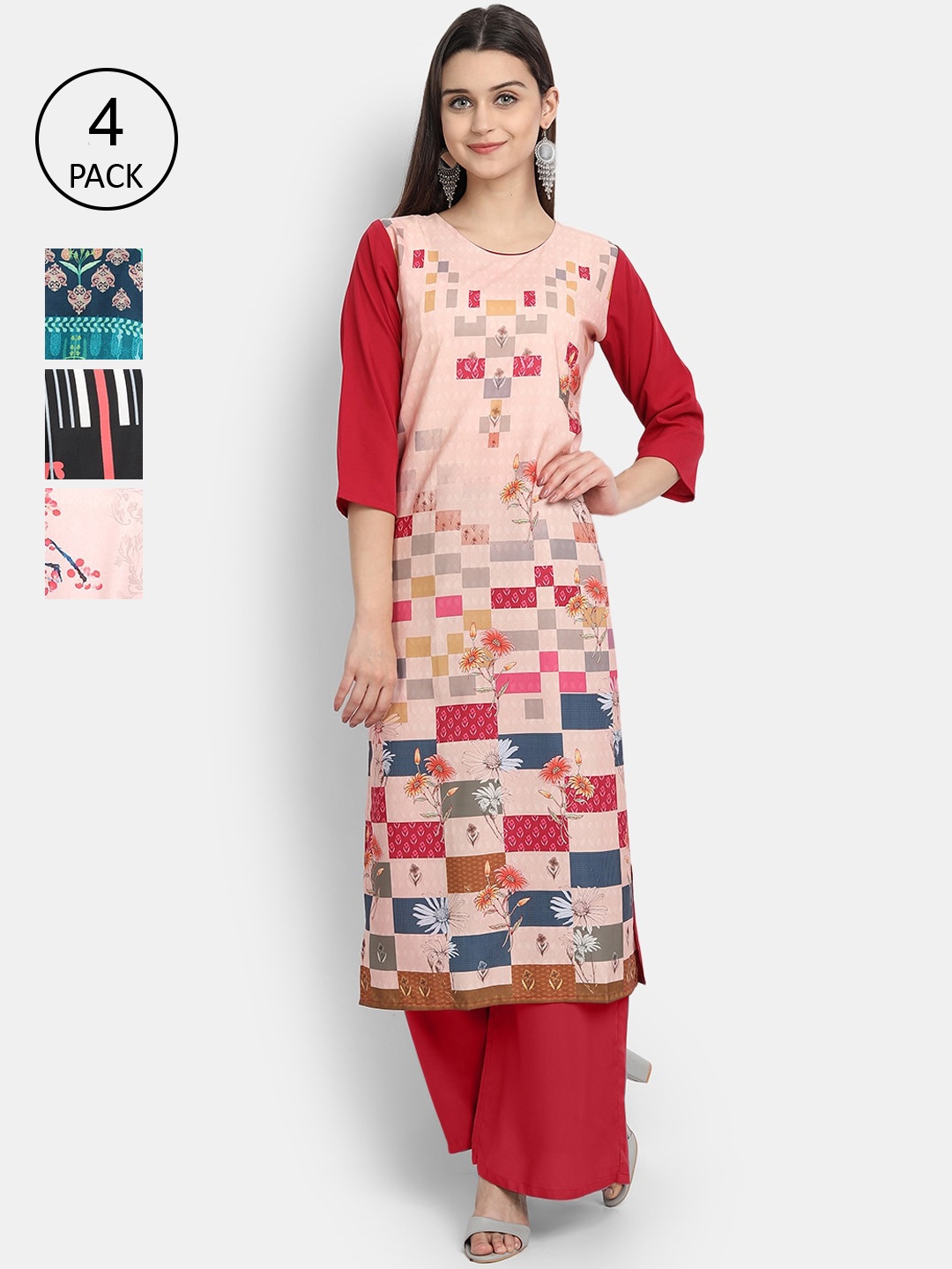 

Ethnic basket Women Multicoloured Floral Embroidered Thread Work Crepe Kurta, Multi