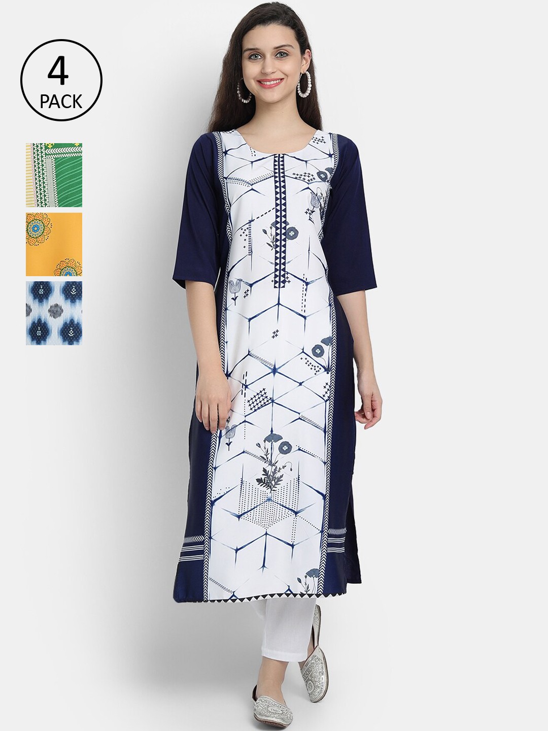 

Ethnic basket Women Pack Of 4 Multicoloured Geometric Printed Crepe Kurta, Multi
