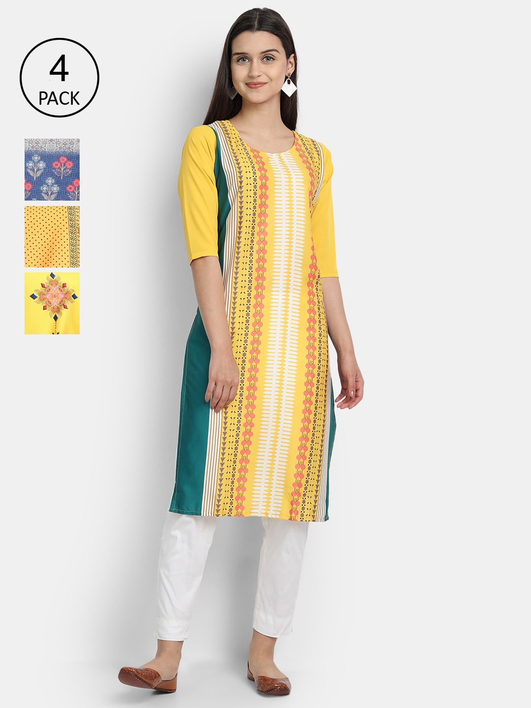 

Ethnic basket Women Pack Of 4 Printed Crepe Kurtas, Yellow