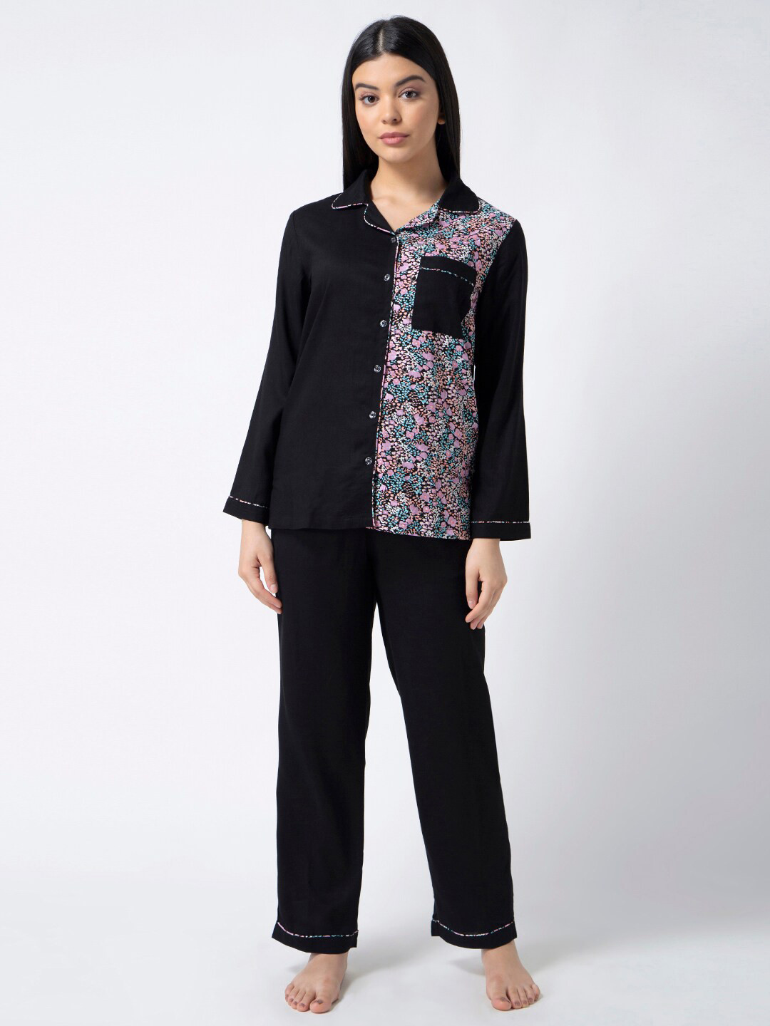 

ADORENITE Women Black & Pink Printed Night suit
