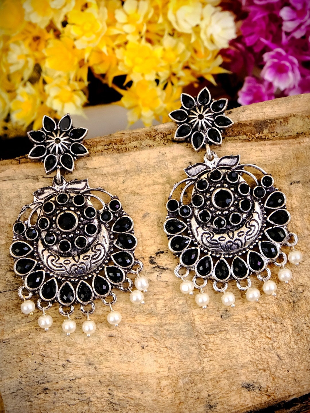 

Crunchy Fashion Silver-Plated & Black Contemporary Chandbalis
