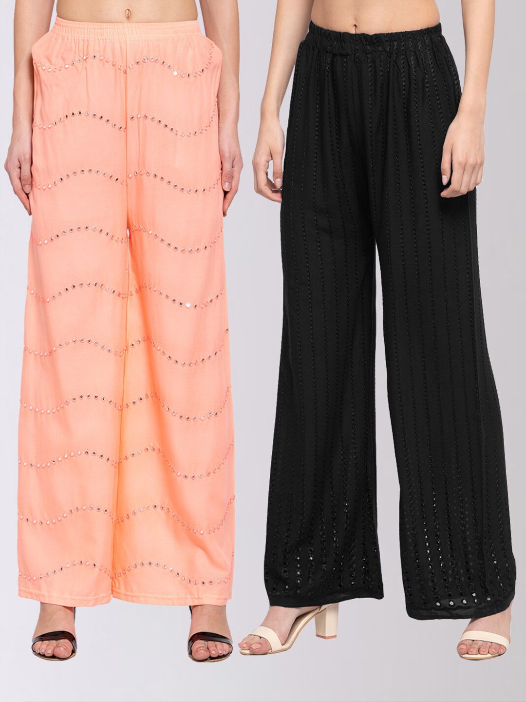 

KLOTTHE Women Peach-Coloured & Black Set of 2 Wide Leg Palazzos