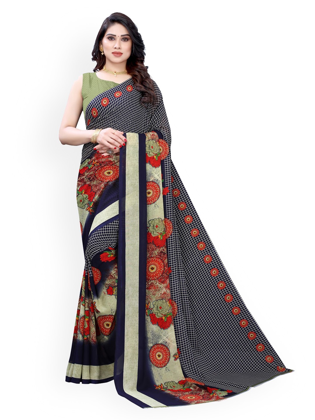 

KALINI Navy Blue & Off-White Pure Georgette Printed Saree