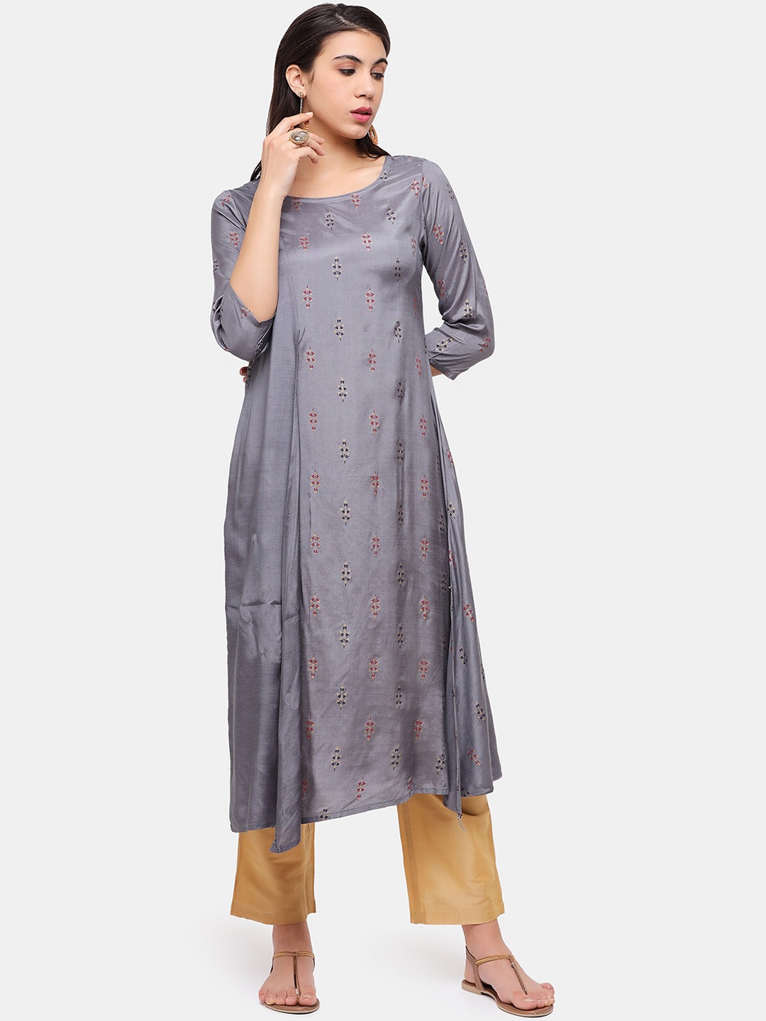 

IMARA Grey Floral A-Line Midi Dress