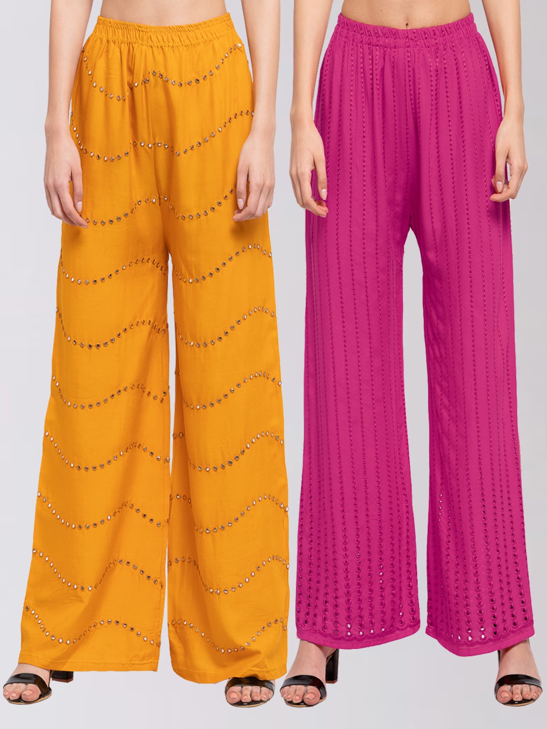 

KLOTTHE Women Pack of 2 Embroidered Wide Leg Palazzos, Yellow