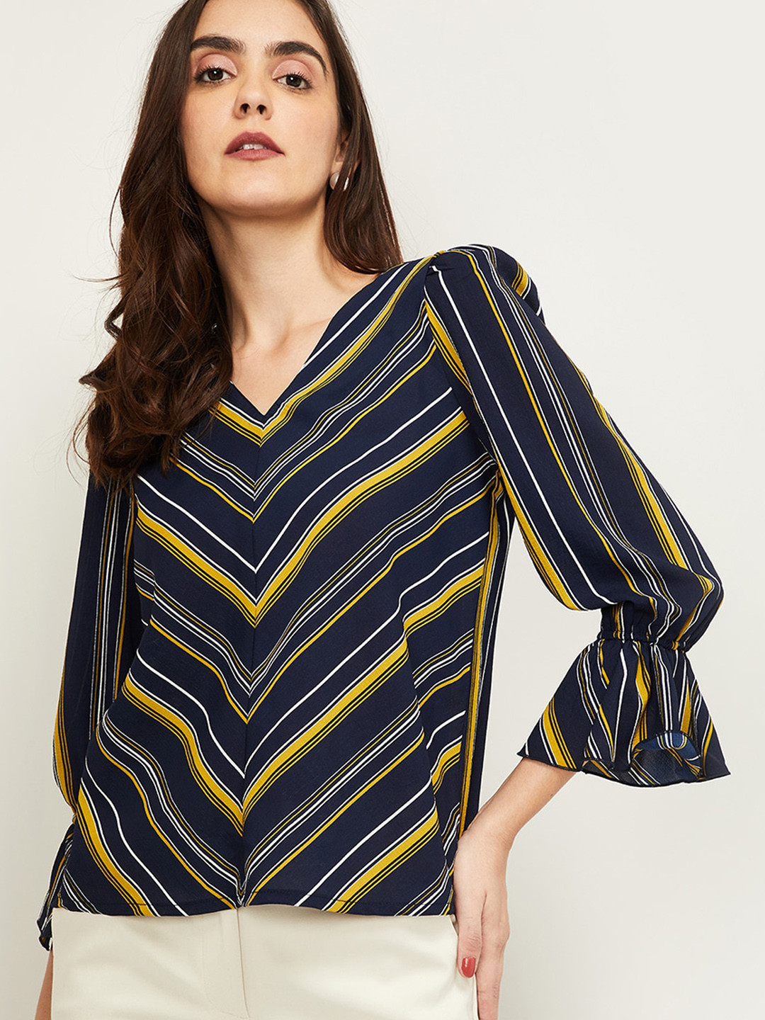 

CODE by Lifestyle Navy Blue & Yellow Striped Regular Top
