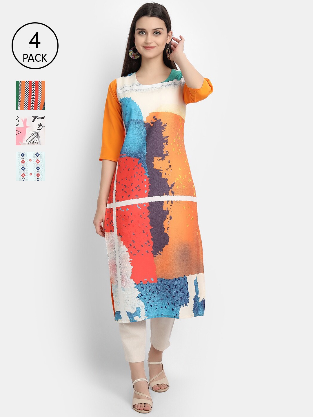 

Ethnic basket Women Pack Of 4 Printed Crepe Kurtas, Multi