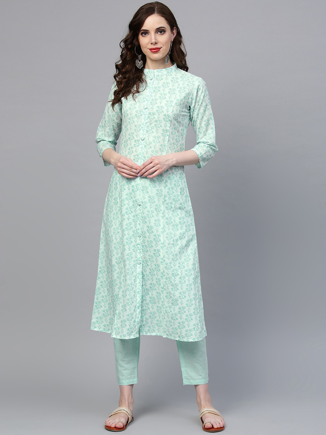 

Indo Era Women Sea Green Printed Straight Pure Cotton Kurta with Trousers