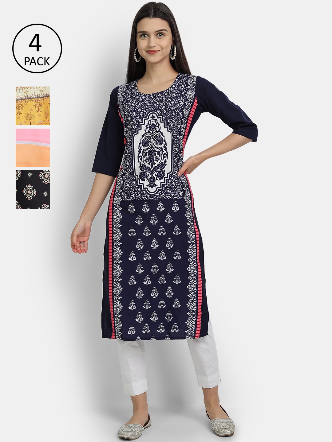 

Ethnic basket Pack of 4 Women Multicoloured Ethnic Motifs Printed Crepe Kurta, Multi