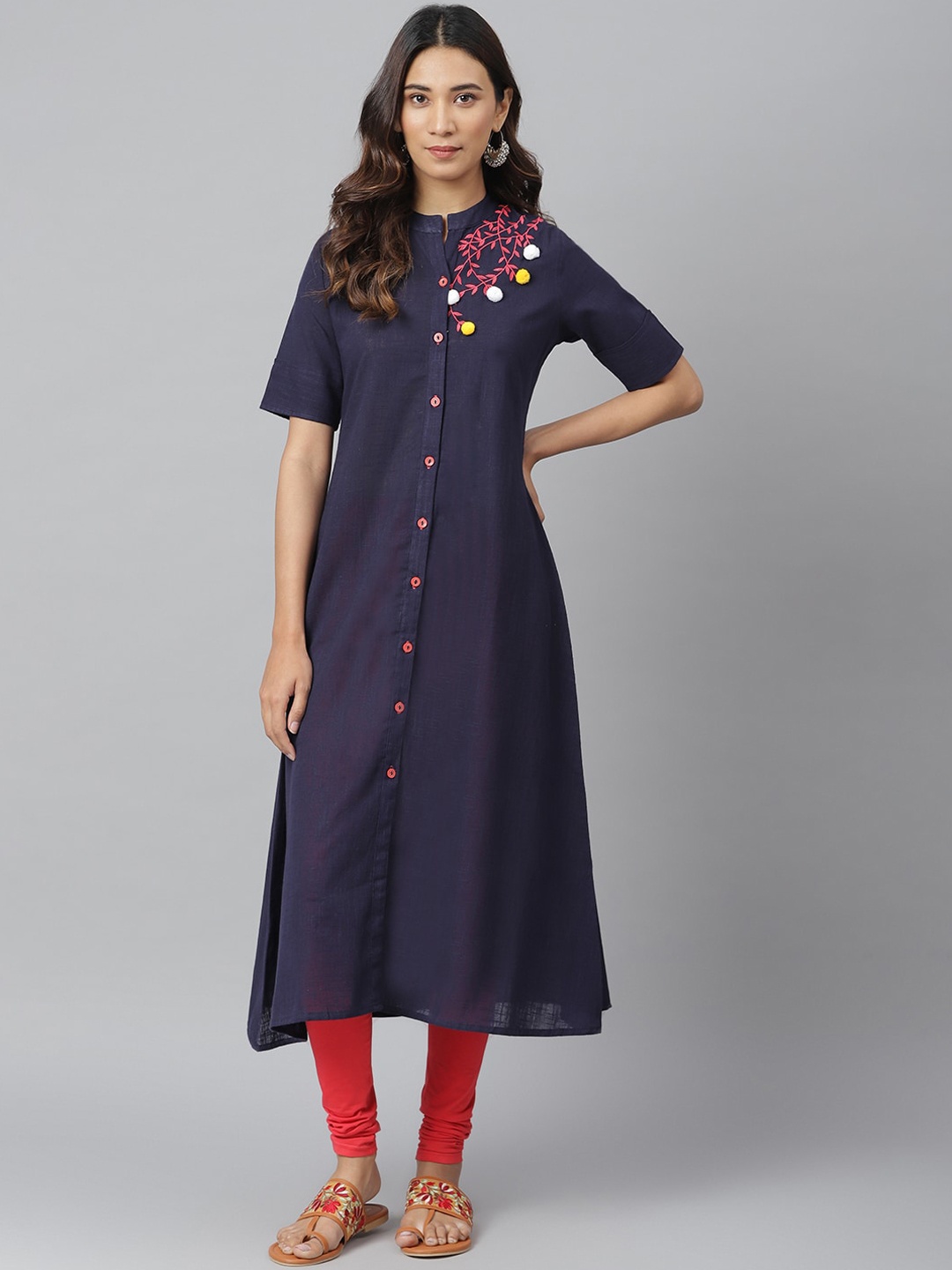 

JAIPUR ATTIRE Women Blue & Orange Yoke Design Thread Work Kurta