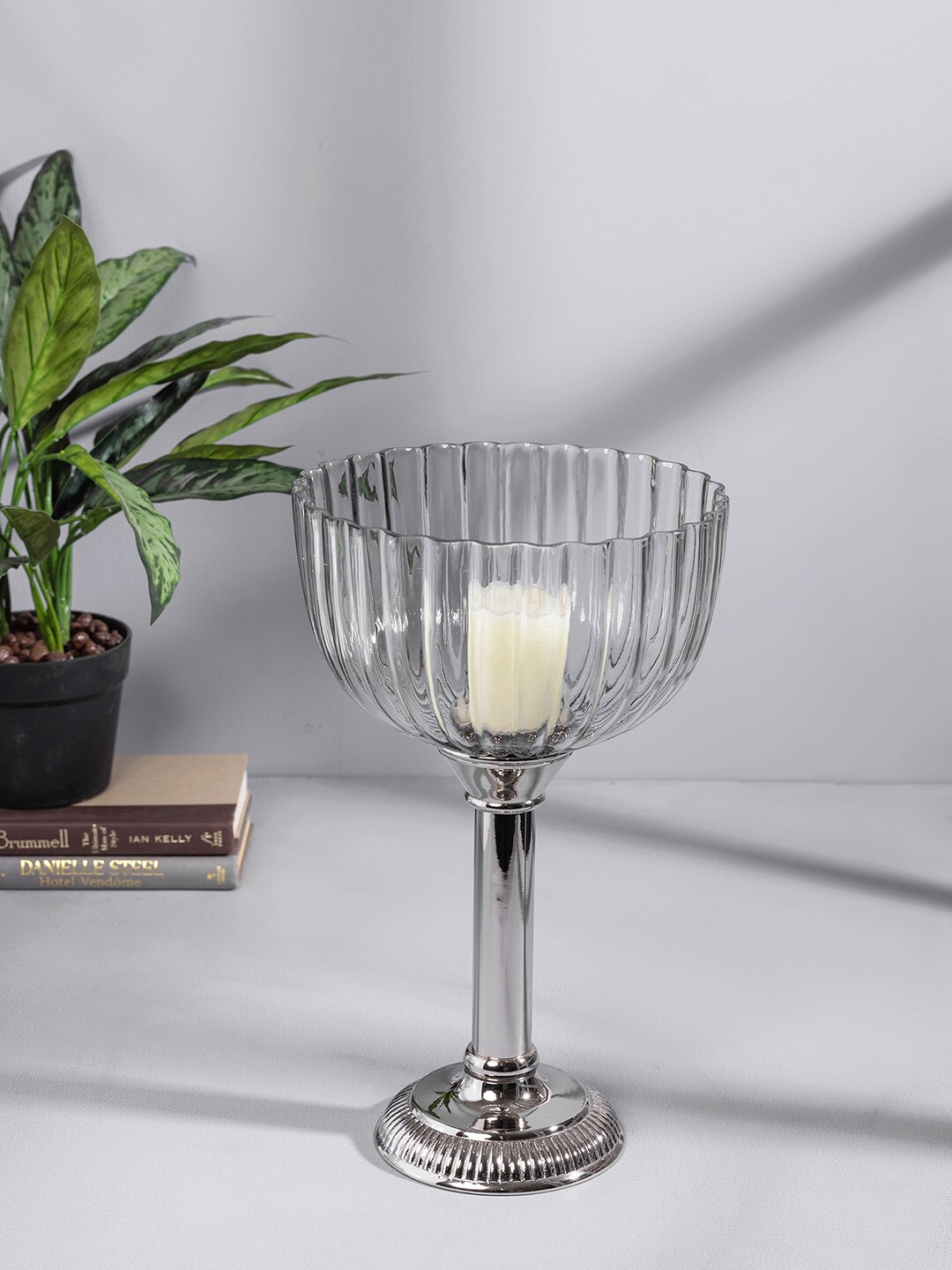

Pure Home and Living Transparent & Silver-Toned Stemmed Glass Bloom Hurricane Candle Holder