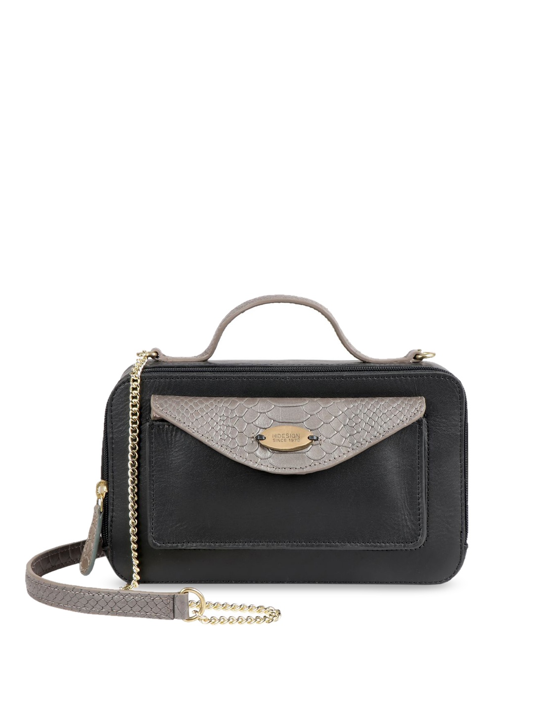 

Hidesign Black & Grey Colourblocked Animal Printed Handheld Bag