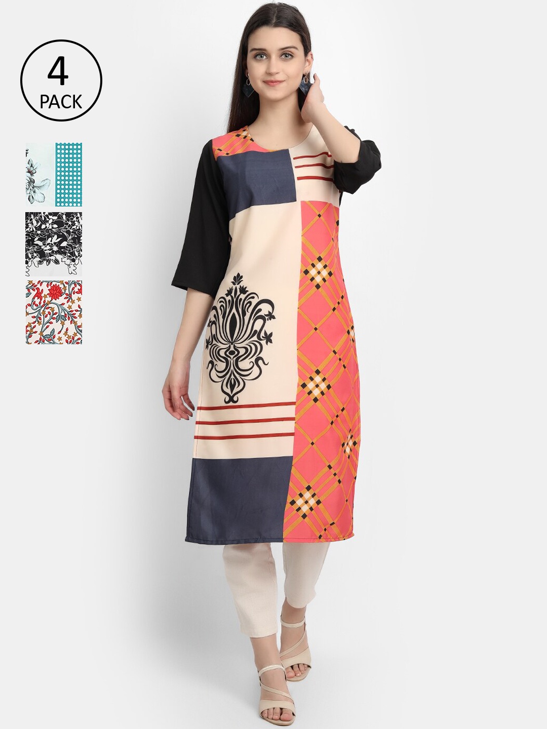 

Ethnic basket Women Pack of 4 Printed Crepe Straight Kurta, Black