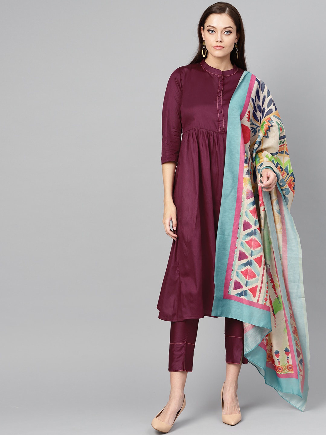 

Indo Era Women Magenta & Off White Pleated A-Line Kurta with Trousers & Dupatta