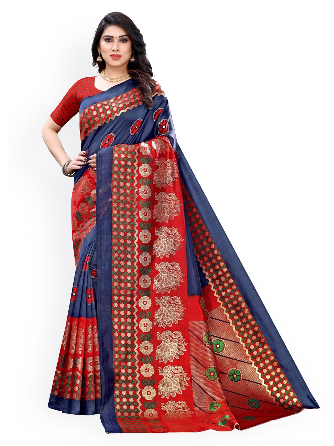 KALINI Navy Blue & Red Poly Silk Woven Design Saree