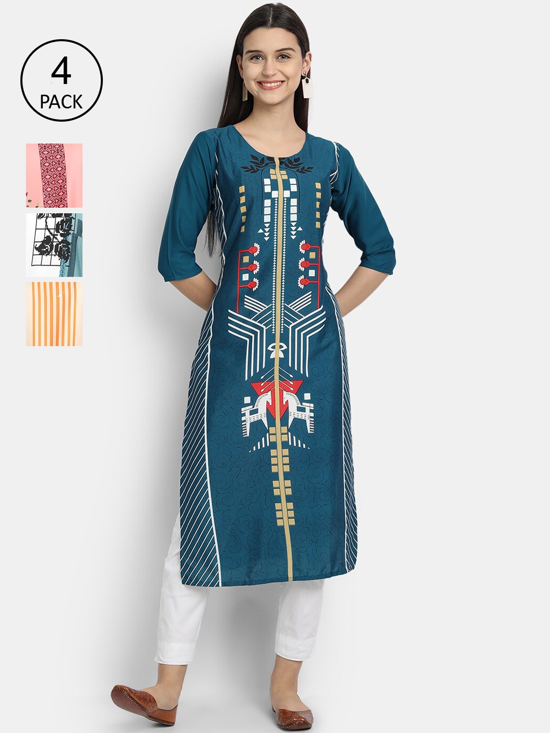 

Ethnic basket Women Pack of 4 Printed Crepe Straight Kurta, Green
