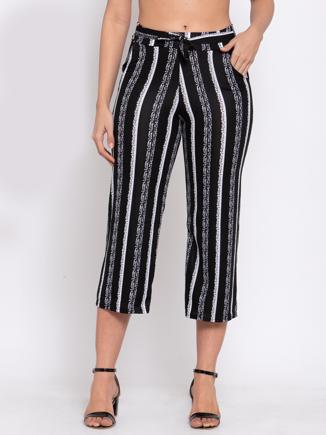 

KLOTTHE Women Black & White Striped Wide Leg Palazzos