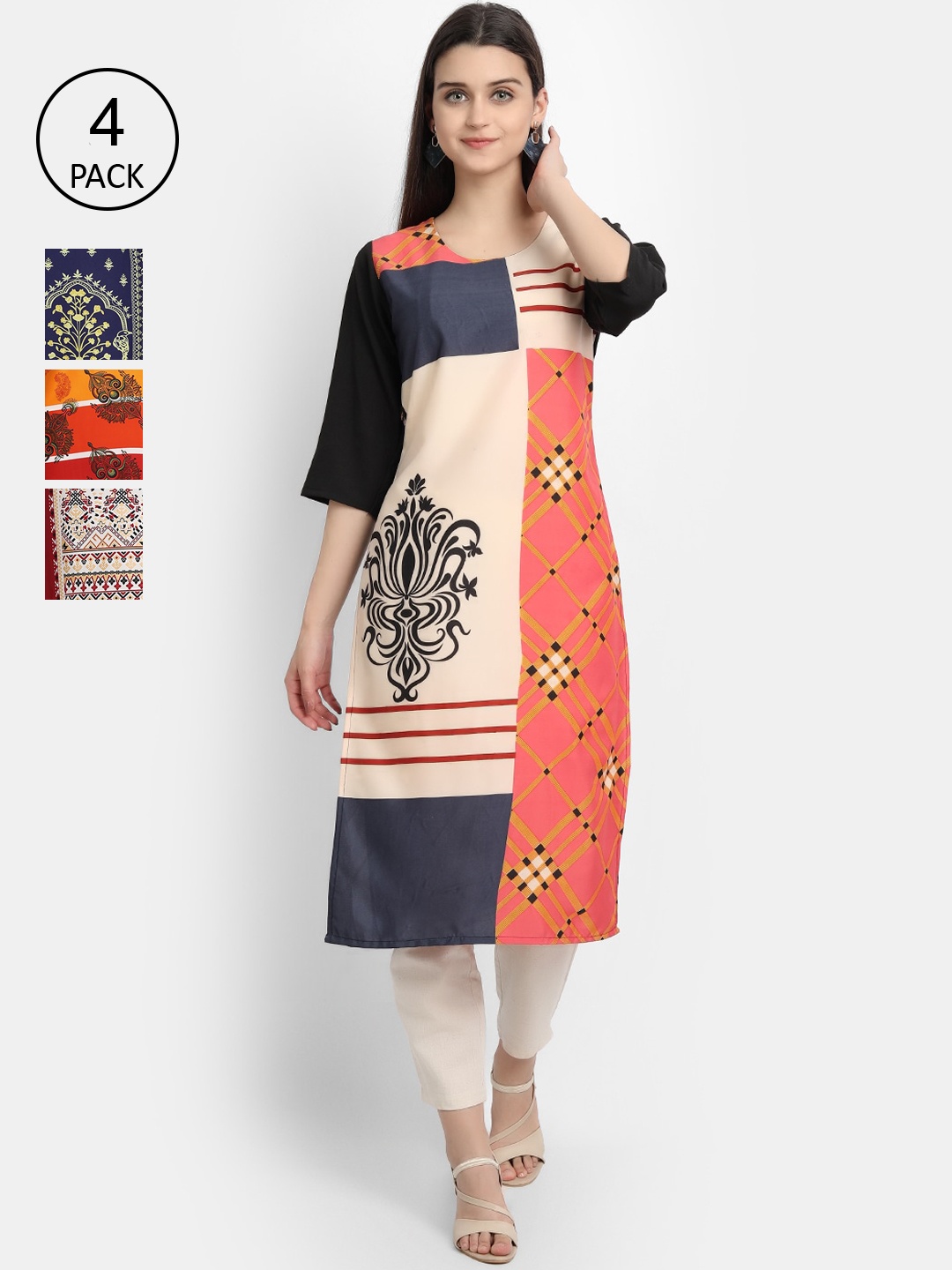 

Ethnic basket Women Pack Of 4 Multicoloured Colourblocked Crepe Kurta, Multi