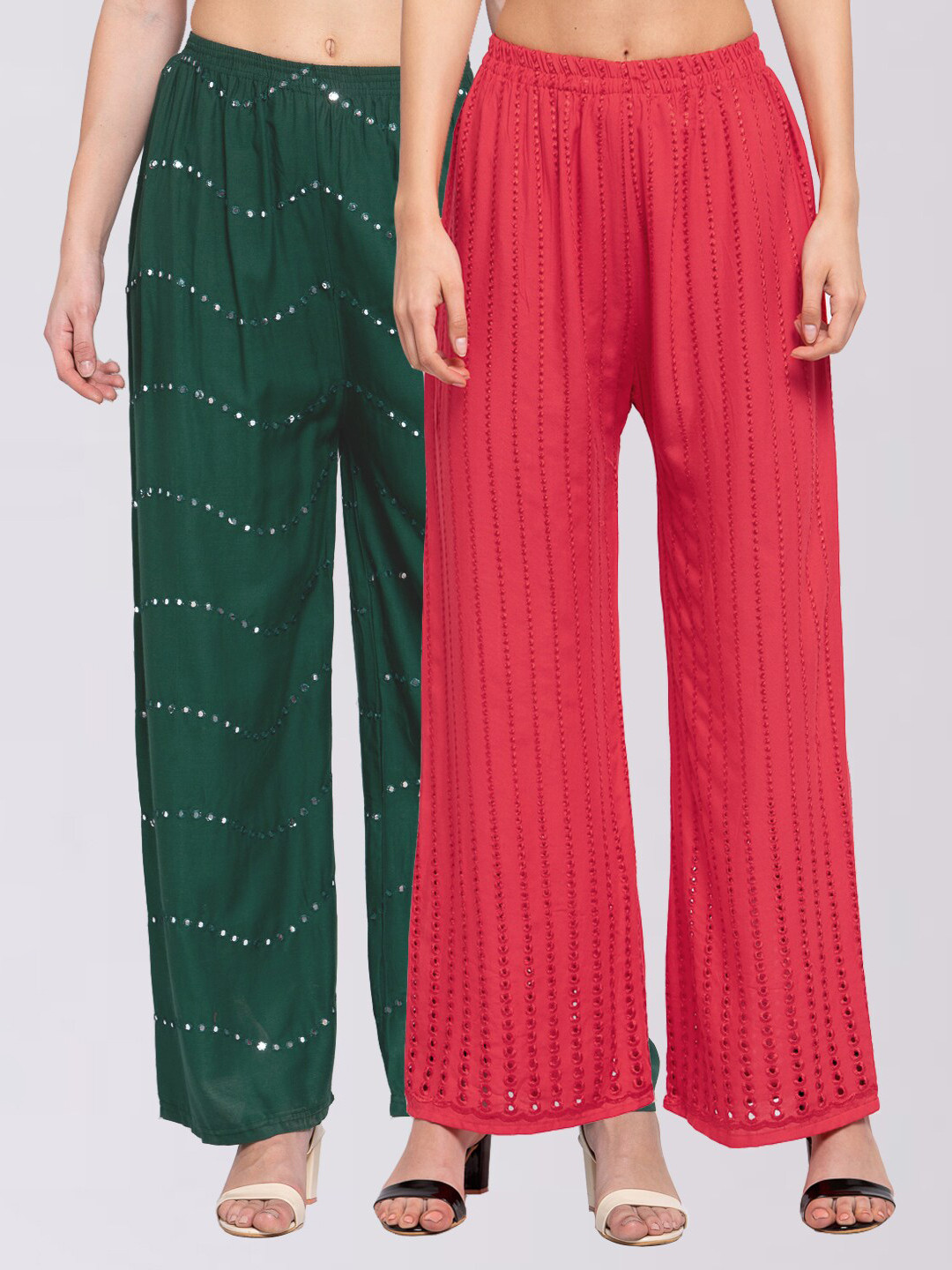 

KLOTTHE Women Red & Green Embroidered Set of 2 Wide Leg Palazzos