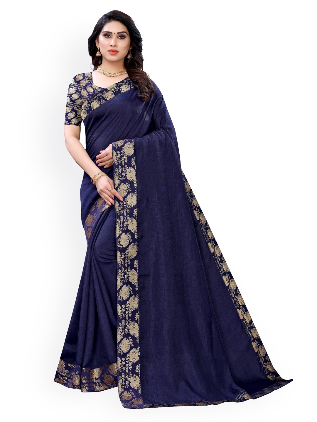 

KALINI Navy Blue Poly Silk Solid Jacquard Banarasi Saree