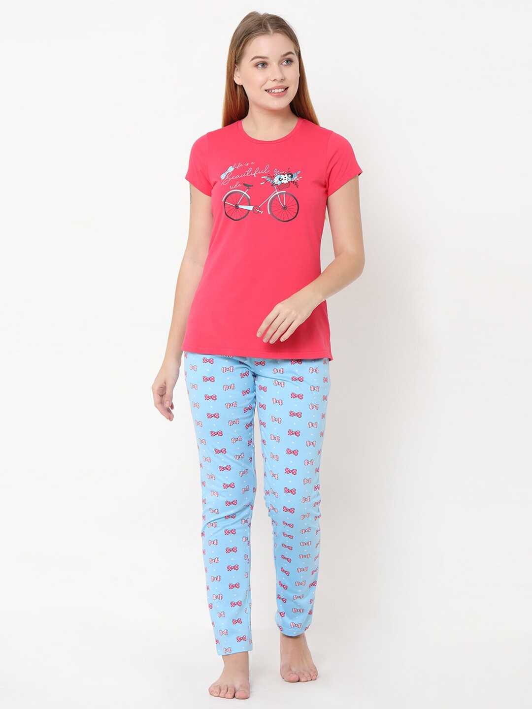 

Sweet Dreams Women Pink & Blue Printed Night suit