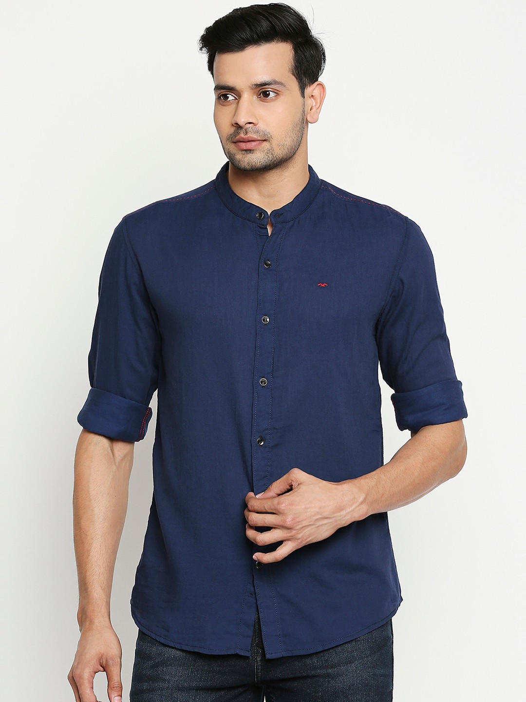 

Mufti Men Blue Slim Fit Solid Mandarin Collar Casual Shirt