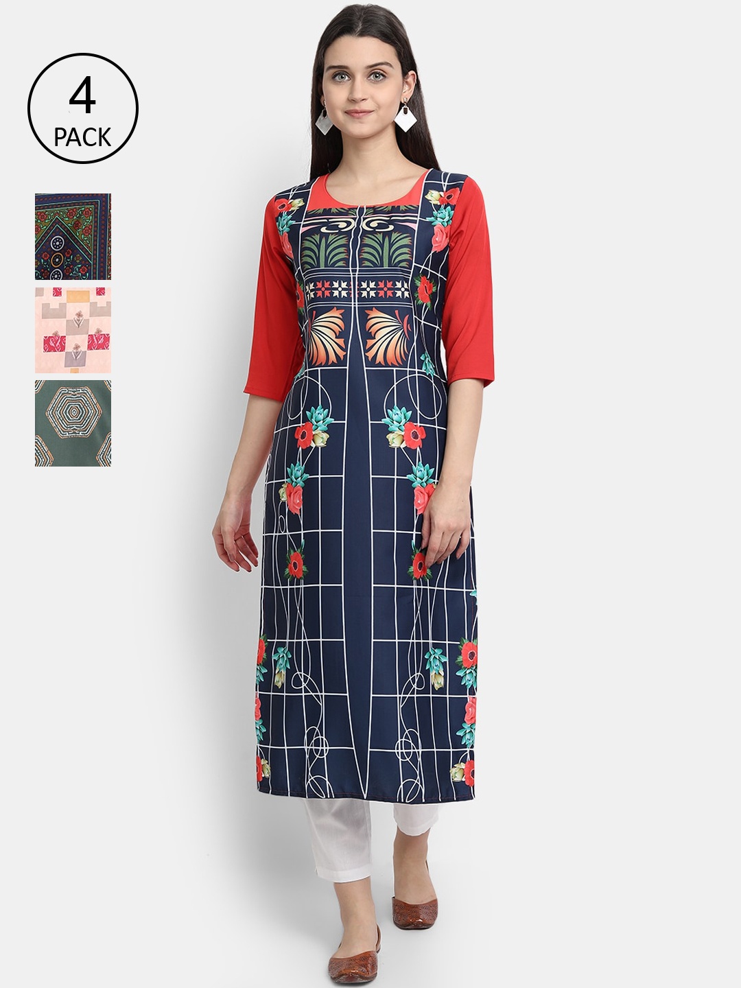 

Ethnic basket Women Pack Of 4 Printed Crepe Kurtas, Navy blue