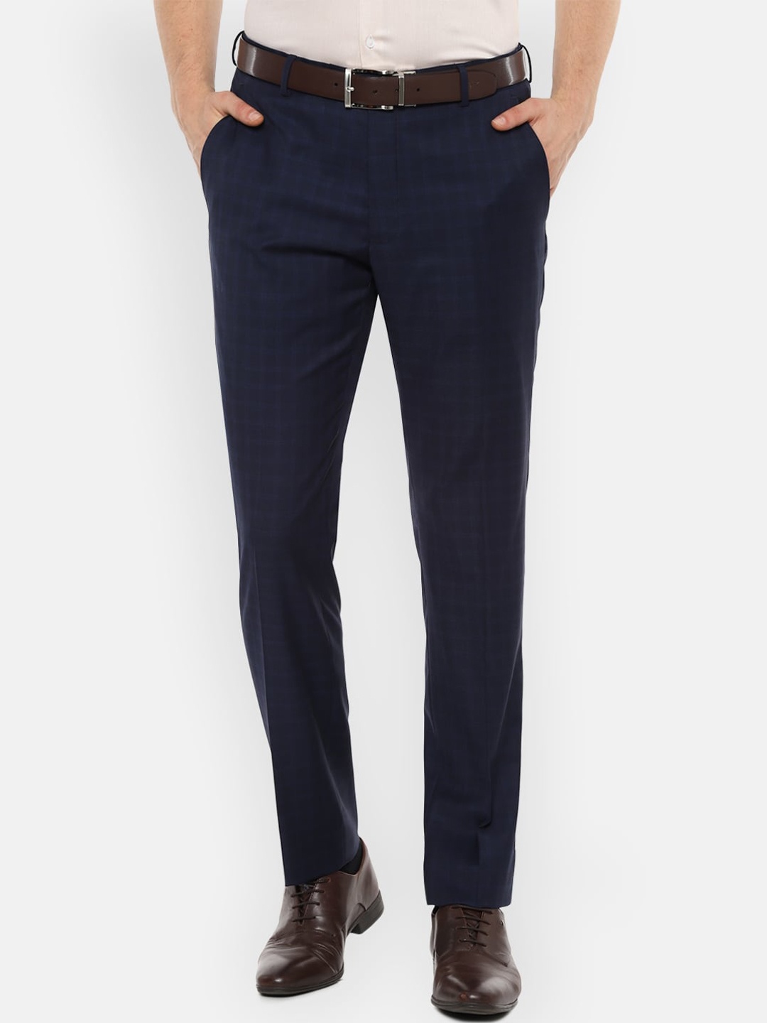 

Van Heusen Men Navy Blue Slim Fit Checked Formal Trousers