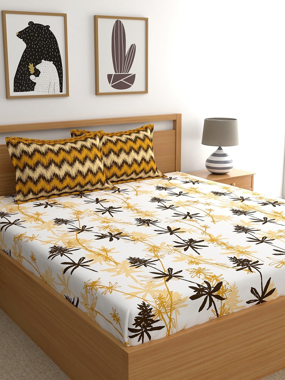

Home Ecstasy White & Brown Floral 140 TC Cotton 1 Queen Bedsheet with 2 Pillow Covers