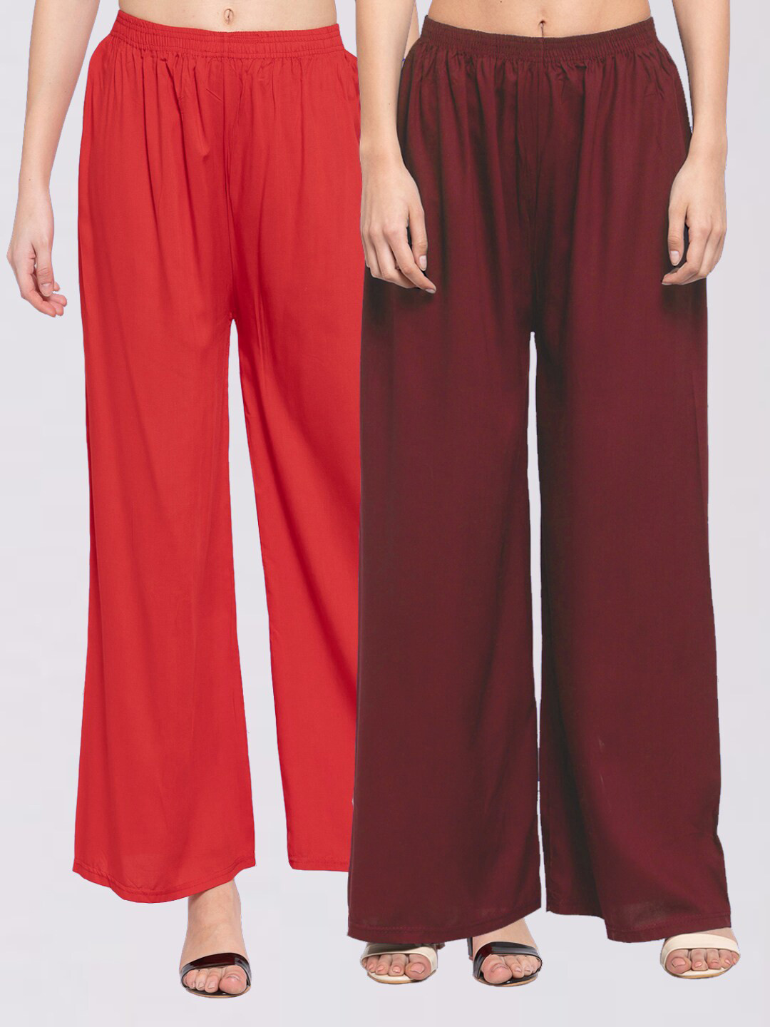 

KLOTTHE Women Pack Of 2 Solid Wide Leg Palazzos, Red