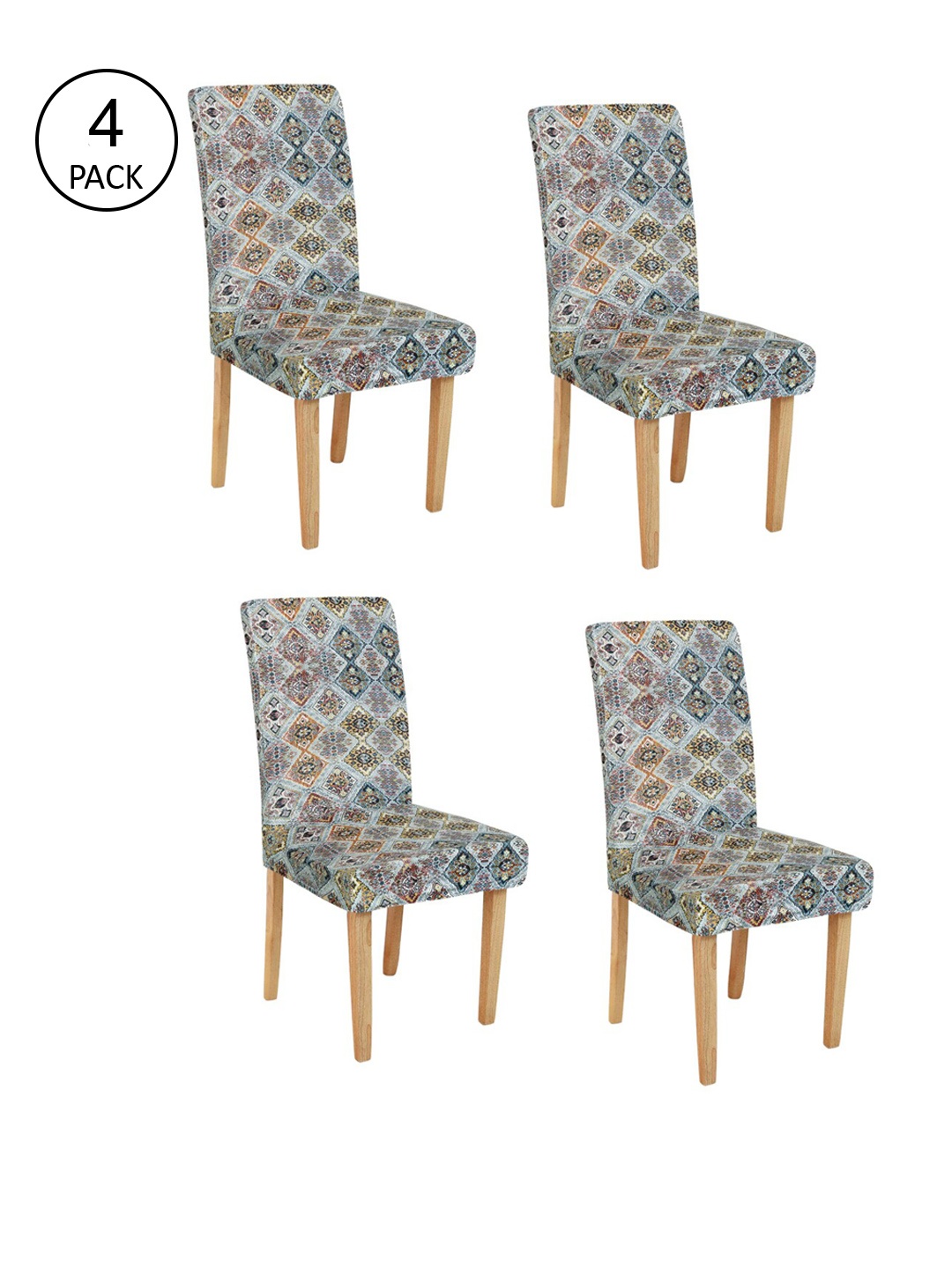

Rajasthan Decor Set Of 4 Grey & Blue Printed Chair Covers