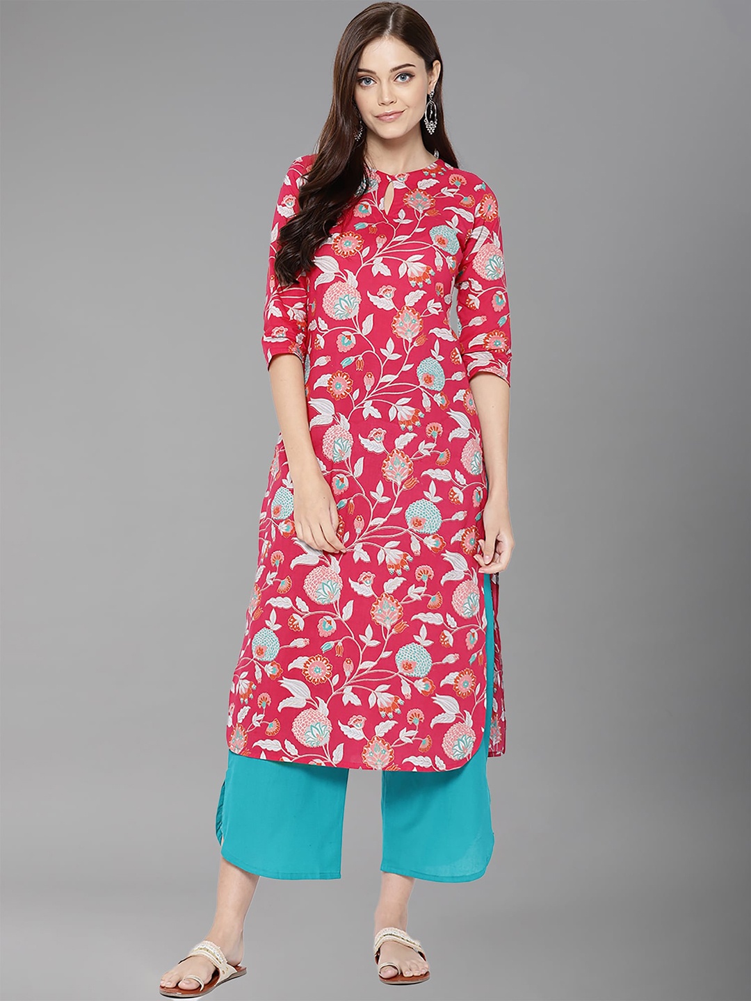 

Indo Era Women Pink & White Floral Printed Keyhole Neck Cotton Kurta