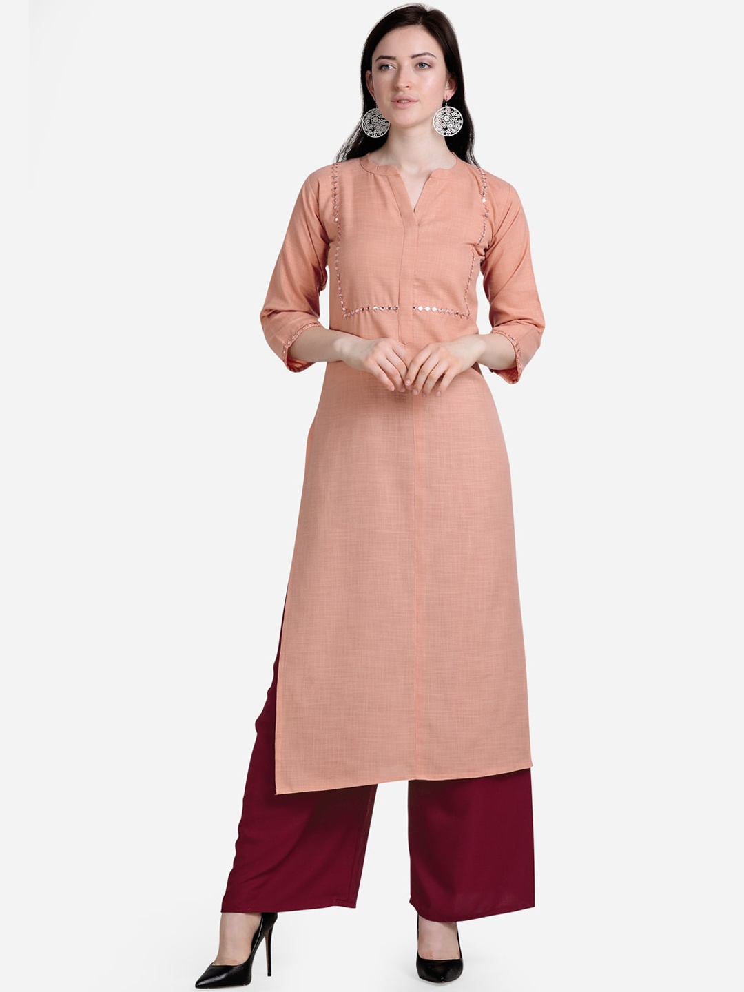 

Florence Women Peach-Coloured Embellished Mirror Work Band Collar Cotton Kurta