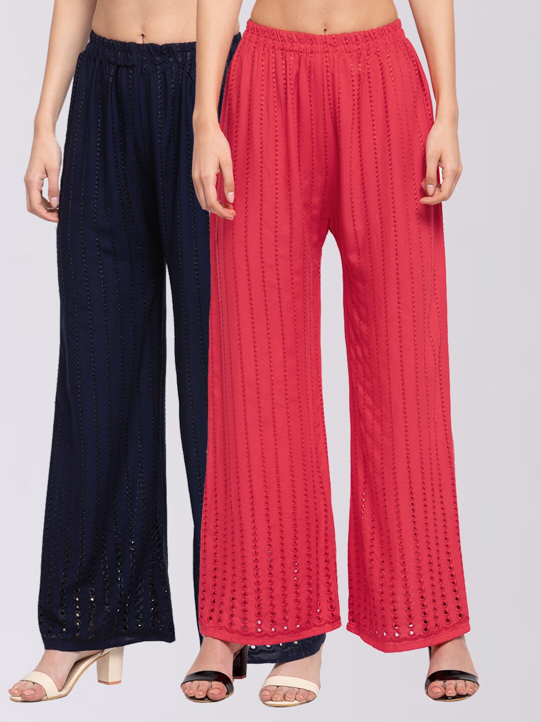 

KLOTTHE Women Pack of 2 Red & Navy Blue Embroidered Wide Leg Palazzos
